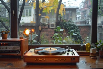 A Vintage Turntable Rests on a Wooden Table Bathed in Warm Light with a View of a Blurred Outdoor Scene