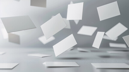 Composition of floating business cards on gray background. Business concept