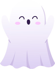 Halloween kawaii ghost character with cheerful expression, and playful grin floating in the air. Isolated cartoon cute vector baby spook, white phantom personage captures festive spirit of the season