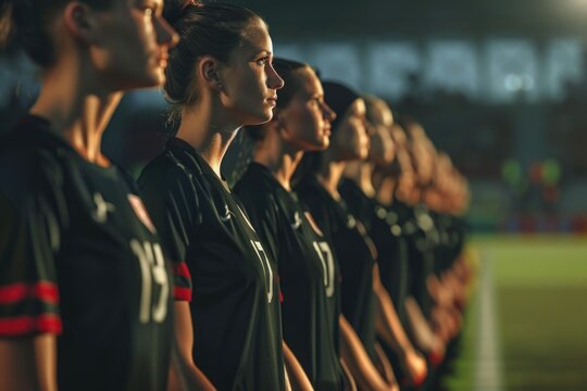 Group of women soccer players standing together in a line, ready for a game or practice