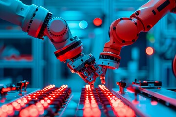 advanced robotics technology in modern factory - close up of two robotic arms working on assembly line with red lights and blue background.