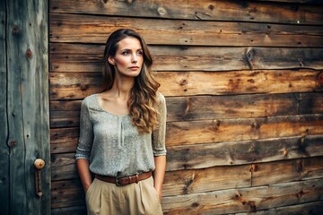 Fototapeta premium Woman leaning against wooden wall.