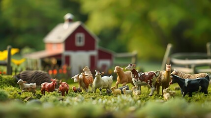 Miniature farm animals on a toy barnyard 