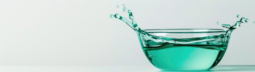 Refreshing mouthwash splash captured mid-air against a white background, mouthwash, invigorating dental care product