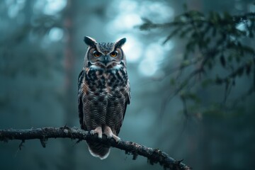 Fototapeta premium majestic great horned owl perched on a branch in a misty forest with a deep blue green color palette.