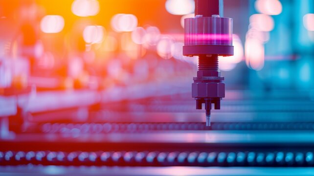close-up of a robotic arm with laser pointer in a factory setting with blurred background of industrial machinery and equipment