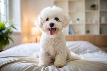 White Dog Sitting on Bed.