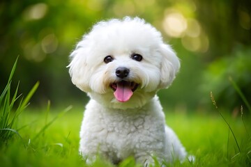 Happy White Dog in Green Grass.
