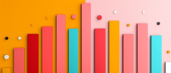 Obraz premium abstract colorful bar graph with red, pink, yellow, orange, and blue bars on a pink and orange background with small circles - minimalist 3d design.