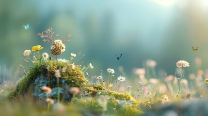 A whimsical illustration of a Viking helmet adorned with wildflowers.