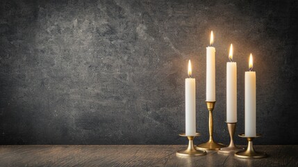 Four tall white candles are lit and placed in gold candle holders on a wooden table. They are in front of a grey wall