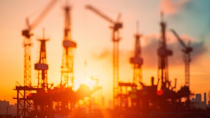 Obraz premium silhouette of construction cranes at sunset with blurry cityscape in the background - industrial development and growth concept.