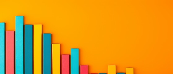 colorful bar graph chart decreasing on bright orange background - data, stats, progress, decline, minimalist illustration.