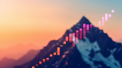 abstract mountain peak with growth and success concept - pink and orange sunset sky background.