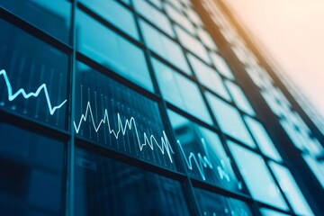 modern glass building facade with stock market data and financial charts displayed on windows with sunlight glare.