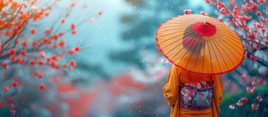 Woman in Kimono with Umbrella in a Sakura Garden