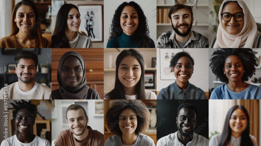 Wall mural a grid of smiling individuals from various ethnic backgrounds in a virtual conference setting, repre