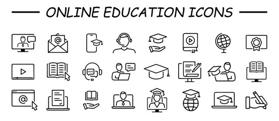 Online education set of web icons in line style. Learning icons for web and mobile app. E-learning, video tutorial, knowledge, study, school, university, webinar, online education. Vector illustration