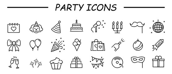 Event planning icons. Simple set of party related vector line Icons. Contains such Icons as bouquet of flowers, karaoke, dj, masquerade and more.