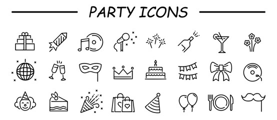 Event planning icons. Simple set of party related vector line Icons. Contains such Icons as bouquet of flowers, karaoke, dj, masquerade and more.