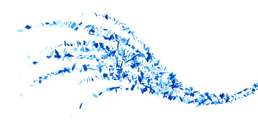 A fluid waveform made of dynamic blue shards against a stark white background, depicting motion and flow.