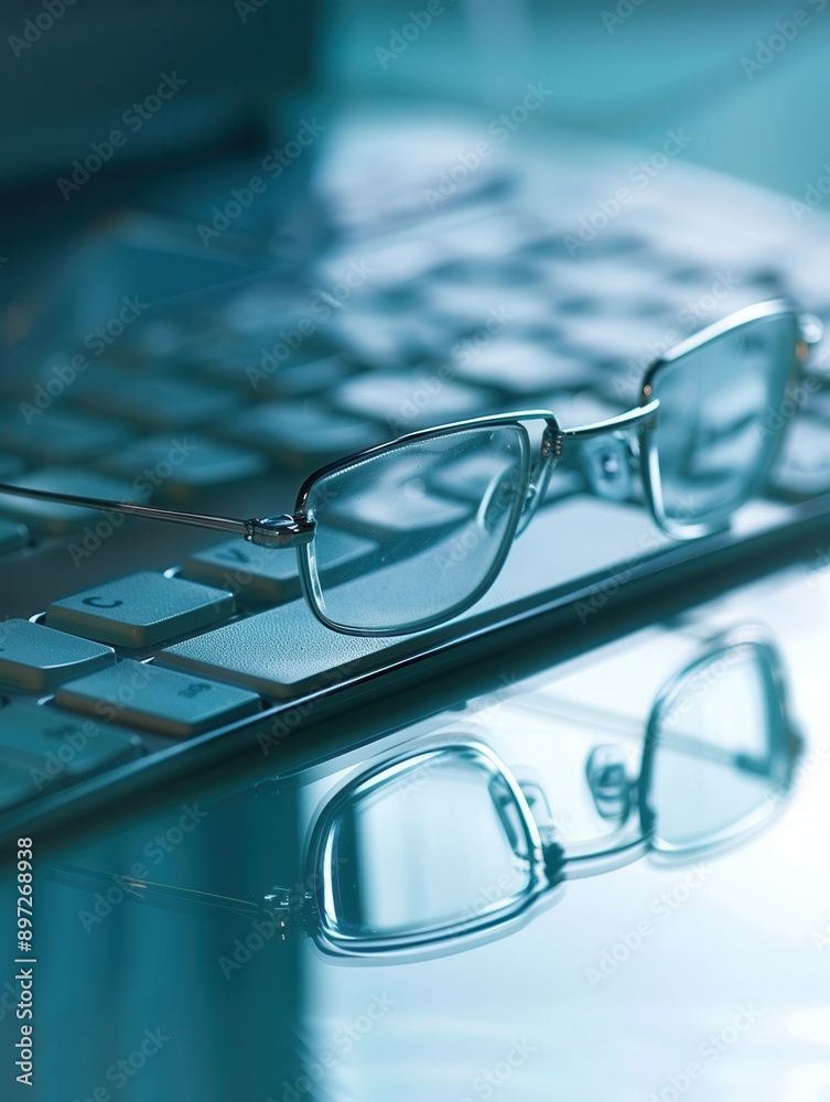 Leinwandbilder A pair of eyeglasses rest on a computer keyboard, with a blue, modern background. Generative AI