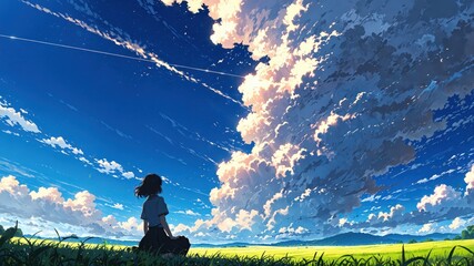 A woman gazes at a vibrant sky filled with dramatic clouds and contrails, surrounded by lush green fields under a clear blue sky.
