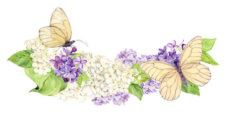 Watercolor illustration of lilac. Bouquet of white and purple syringa with leaves, flowers and buds. Fragrant spring flower and butterflies on isolated background for wedding invitation, greeting card