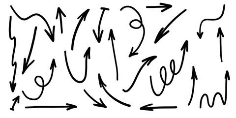 Hand drawn comic arrow doodle sign cursor set collection elements wavy retro style black white monochrome 