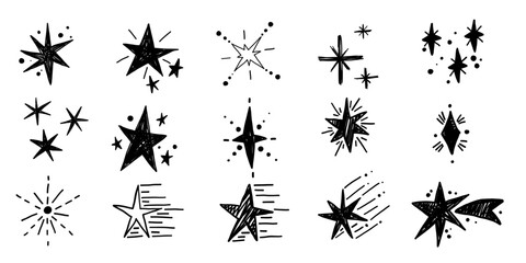 Scribble cute stars doodle hand drawn sparkling monochrome comic elements collection in grunge graffiti style collection bundle set