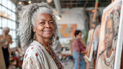 Fototapeta premium senior group of friends on art lesson, hobby class for seniors, painting on canvas. Woman enjoying painting activity in studio with her friends. 