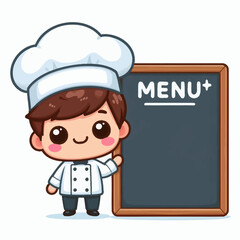 Cute chef cartoon with empty board. chef cooking logo vector art. People Food Icon Concept. restaurant and homemade culinary logo