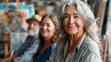 senior group of friends on art lesson, hobby class for seniors, painting on canvas. Woman enjoying painting activity in studio with her friends. 