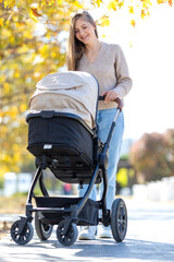 A beautiful mother with a baby is walking in the park.