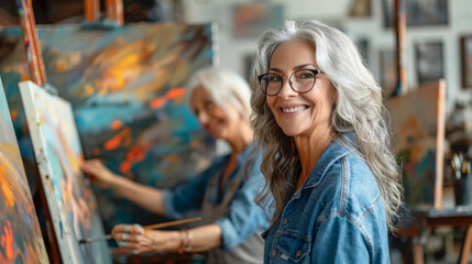 Obraz premium senior group of friends on art lesson, hobby class for seniors, painting on canvas. Woman enjoying painting activity in studio with her friends. 
