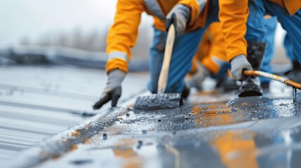 Roofers applying hot tar to a flat roof.