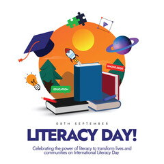 Literacy day background, banner, post, conceptual design. 8th September International Literacy day banner with colourful educational icons. The theme for 2024 is Promoting multilingual education.