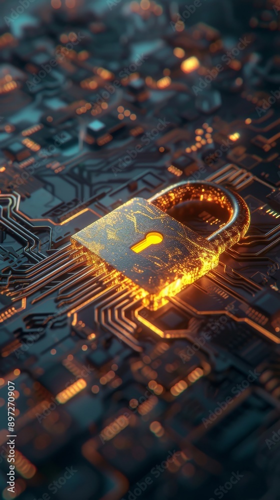 Poster close-up of a glowing lock on a circuit board, symbolizing cybersecurity and digital protection