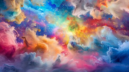 Dynamic and colorful cosmic cloudscape creating an abstract backdrop with swirling and flowing clouds