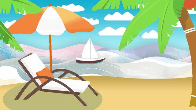 beach illustration with 2d vibrant cartoon look, beach chairs and umbrella on a sunny summer day at the beach