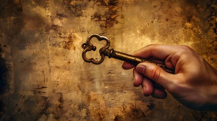 Hand Holding a Key: A hand holding an antique key, suggesting a sense of mystery and unlocking secrets.
