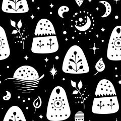 Seamless neo folk art vector pattern with mountains, moon and flowers, black and white floral design. Neo folk style endless background perfect for textile design.