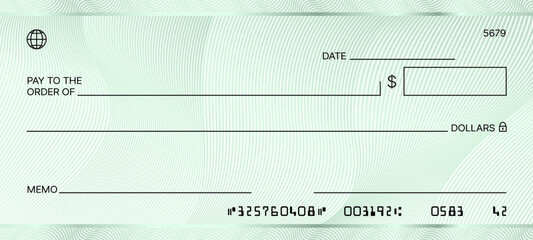 Blank green bank check. Checkbook cheque template. Vector document with spaces for the payee, date, dollar amount, memo, and signature. The bottom features the routing, account, and check numbers