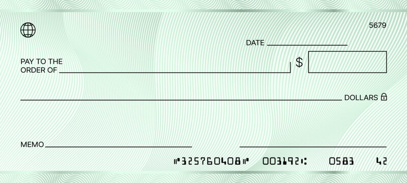 Blank green bank check. Checkbook cheque template. Vector document with spaces for the payee, date, dollar amount, memo, and signature. The bottom features the routing, account, and check numbers