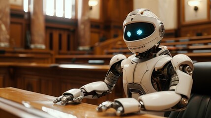 Fototapeta premium In a modern courtroom, robotic lawyers equipped with AI analyze legal documents and case law