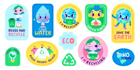 Eco sticker set. Retro cartoon ecology patch collection. Cute vector sticker bundle about environmental care.