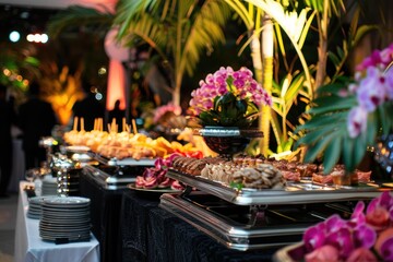 Variety of gourmet appetizers and snacks arranged on a buffet table at a corporate event with tropical decorations