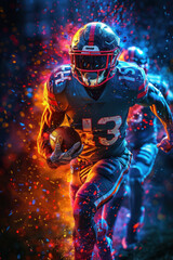 American football player in action amid vibrant colors.