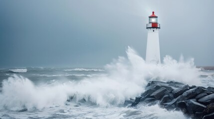 Obraz premium A lighthouse stands defiant against a raging storm.