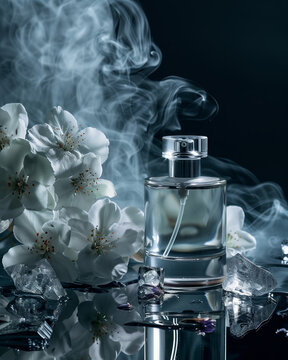 Perfume bottle with clear liquid, white flowers, and smoke effect